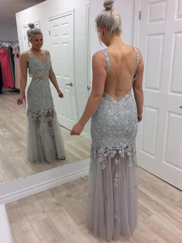 Great Deals V Neck Floor Length Backless Mermaid Grey Lace Appliques Long Prom Dresses, Mermaid Grey Lace Formal Evening Dresses