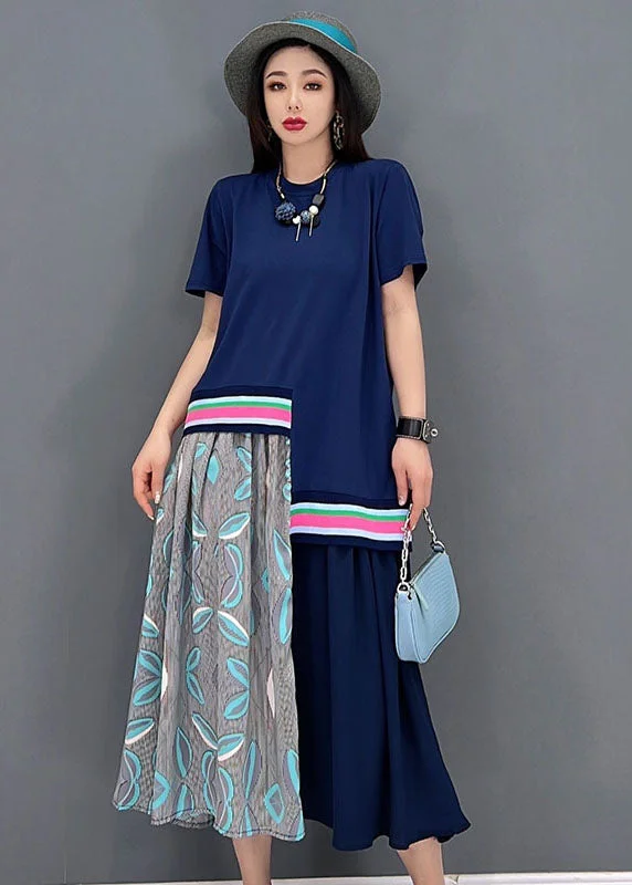 t-shirt dresst-shirt dressCasual Blue O-Neck Asymmetrical Design Cotton Maxi Dress Short Sleeve