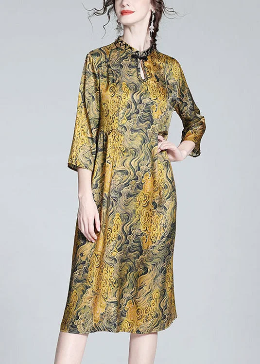 flowy dressflowy dressVintage Yellow Stand Collar Print Button Silk Maxi Dress Summer