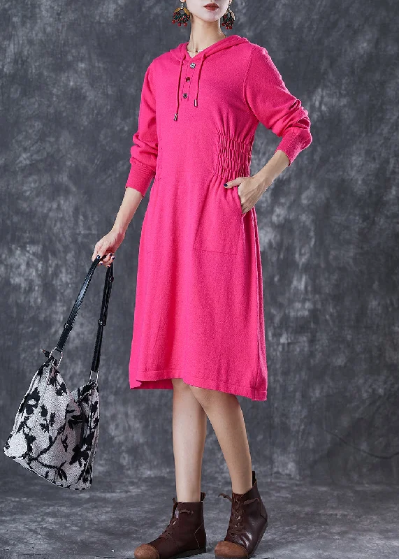 Overstock Sale Women Rose Hooded Elastic Waist Knit Dresses Fall