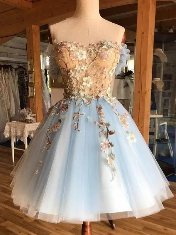 structured dressstructured dress3D Floral Lace Blue Short Prom Dresses, Blue Lace Formal Graduation Homecoming Dresses