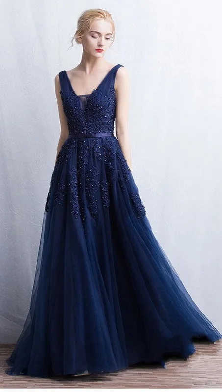 boho dressboho dressV-back Navy Blue Tulle and Lace Prom Dress