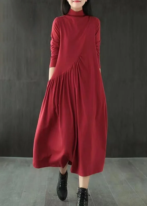 Great Deals Simple Red Hign Neck Wrinkled Patchwork Cotton Long Dresses Fall