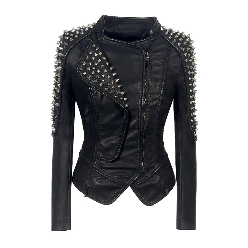 Take Advantage Sharp Metal Rivet High Neck Long Sleeve Zip Up Faux Leather Biker Jacket Take Advantage Sharp Metal Rivet High Neck Long Sleeve Zip Up Faux Leather Biker Jacket