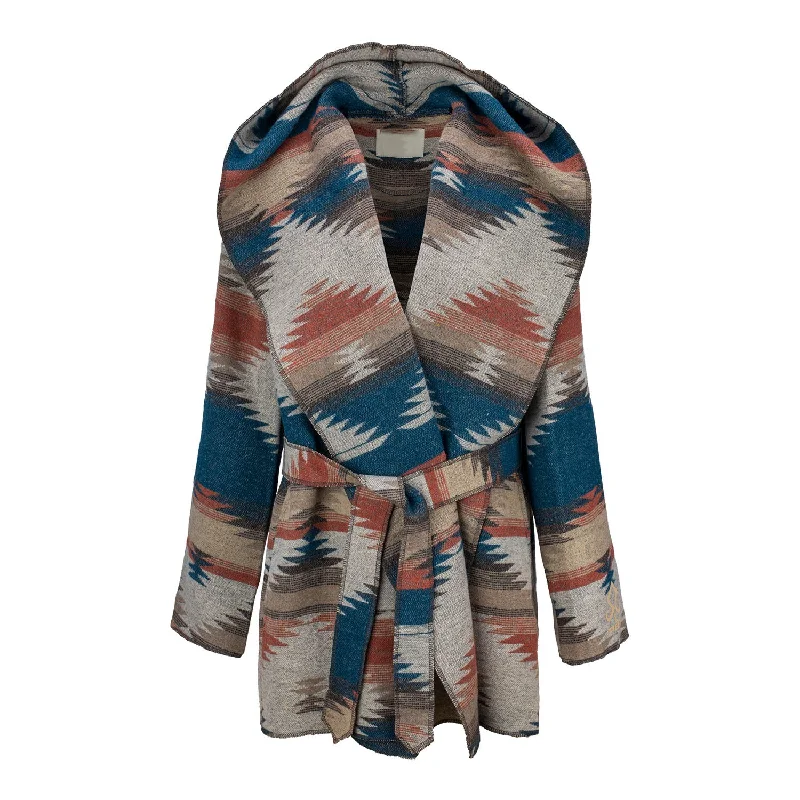 Daily Deals JJ X PBR Southwestern Print Tie Front Blanket Wrap Jacket with Hood