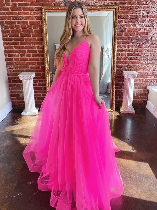 Overstock Stylish Deep V Neck Backless Hot Pink Long Prom Dresses, Open Back Hot Pink Formal Graduation Evening Dresses