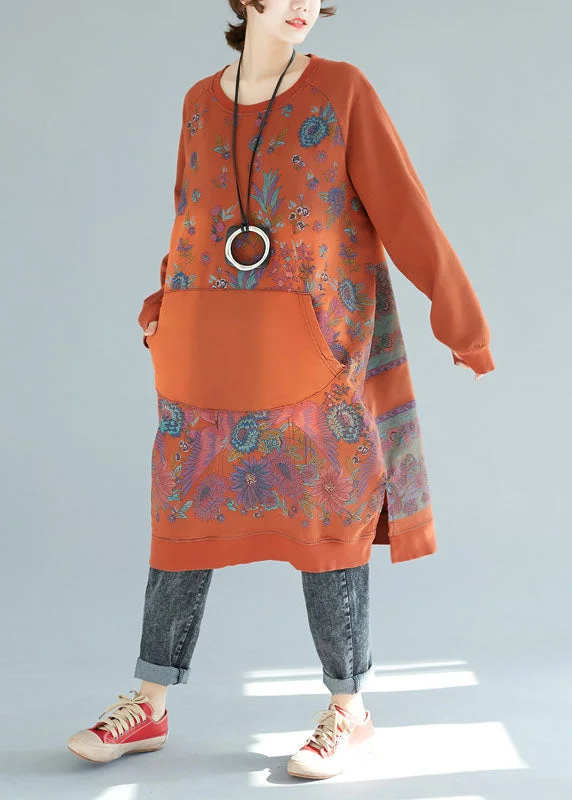 wool dresswool dressOrganic Orange Pockets Patchwork Print Cotton Dresses Spring