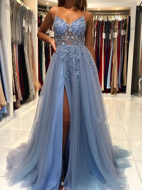 Savings Spectacular Gorgeous V Neck Open Back Smoky Gray Beaded Long Prom Dresses, High Slit Smoky Grey Long Formal Evening Dresses