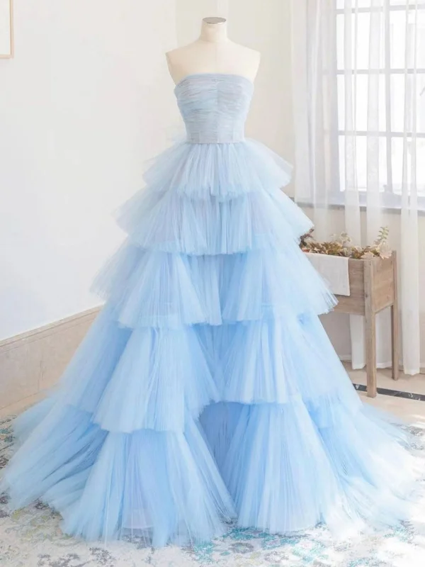 Reduced Prices Strapless Layered Light Blue Tulle Long Prom Dresses, Gorgeous Light Blue Formal Evening Dresses, Tulle Ball Gown SP2559
