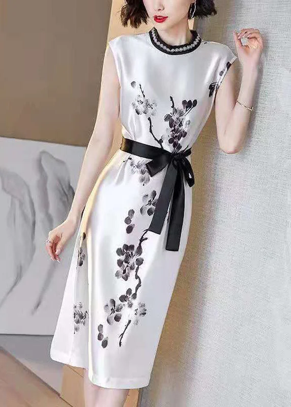 Deal Zone Women White Cinched Ink Print Silk Dresses Sleeveless