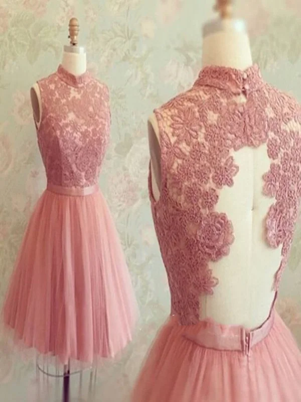 Big Savings A Line High Neck Short Lace Prom Dresses, Short Lace Graduation/ Homecoming/Bridesmaid Dress