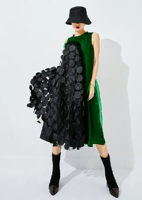 wool dresswool dressBohemian Tea Green-Black Dot Asymmetrical Patchwork Wrinkled Tulle Maxi Dress Sleeveless