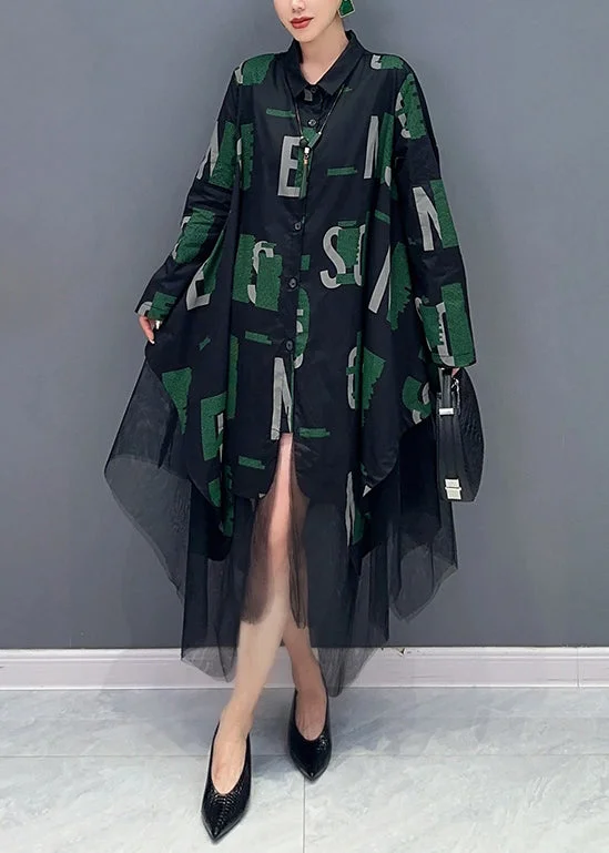 Special Promotion French Black Asymmetrical Print Tulle Patchwork Shirts Dresses Fall