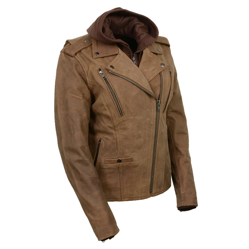 Lowest Price Milwaukee Leather MLL2511 Women's 'Damsel' Vintage Crazy Horse Brown Leather Jacket w/ Removable Hoodie Lowest Price Milwaukee Leather MLL2511 Women's 'Damsel' Vintage Crazy Horse Brown Leather Jacket w/ Removable Hoodie