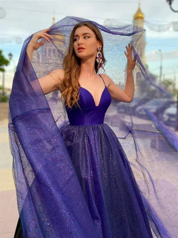 Clearance Items Shiny V Neck Backless Blue Tulle Long Prom Dresses, Backless Blue Formal Dresses, Blue Evening Dresses SP2276