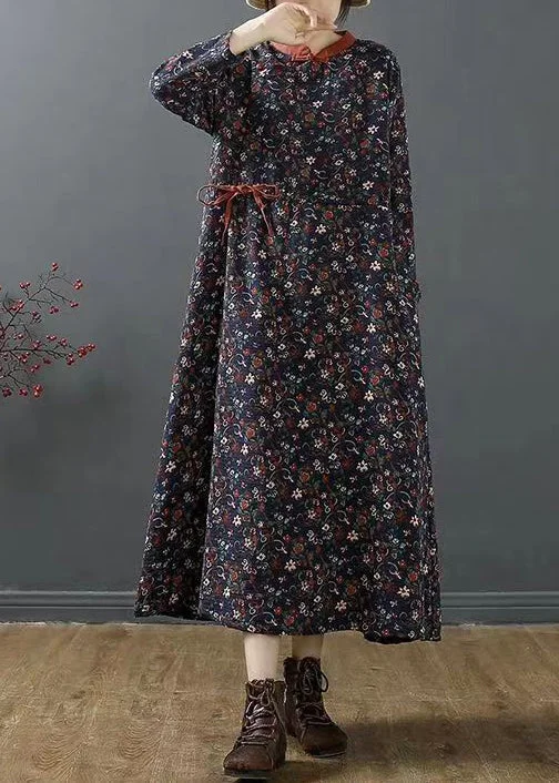 Don't Wait Chinese Style Navy Stand Collar Print Cotton Long Dress Fall
