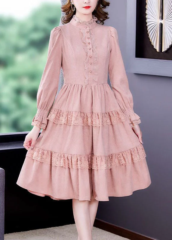 vintage-inspired dressvintage-inspired dressElegant Pink Ruffled Lace Patchwork Exra Large Hem Silk Velour Dress Spring