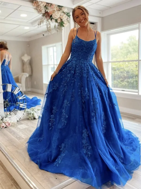 Reduced Prices A Line Backless Blue Lace Long Prom Dresses, Blue Lace Formal Dresses, Blue Evening Dresses SP2082