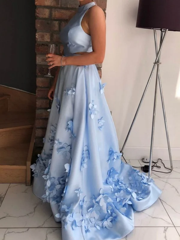 cocktail dresscocktail dressHigh Neck Two Pieces Blue Prom Dresses Long, 2 Pieces Blue Floral Formal Dresses, Blue Evening Dresses SP2673