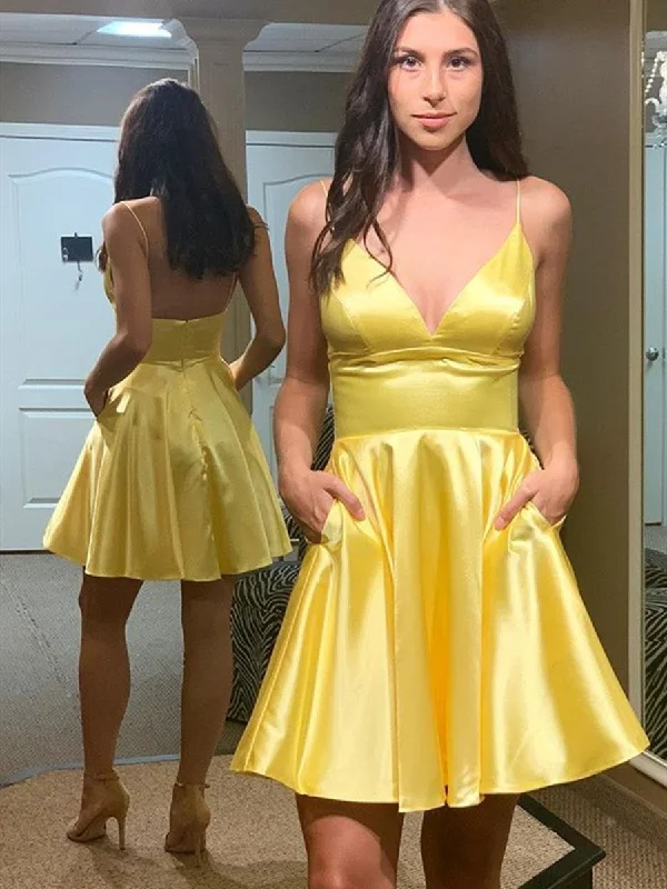 Holiday Sale Simple V Neck Backless Yellow Satin Long Prom Homecoming Dresses, Backless Yellow Formal Graduation Evening Dresses