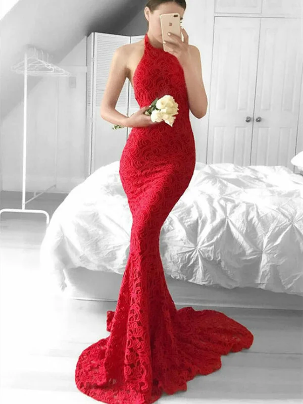 stylish dressstylish dressHalter Neck Backless Mermaid Red Lace Long Prom Dresses, Mermaid Red Formal Dresses, Red Lace Evening Dresses SP2281