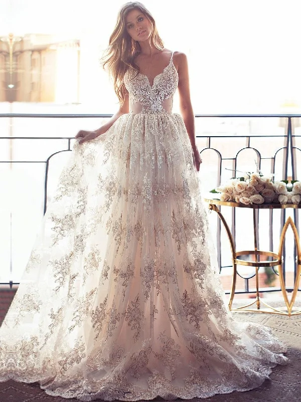 Exclusive Access A Line Spaghetti Straps Backless Champagne Lace Appliques Ivory Wedding Dresses, Lace Champagne Prom Dresses, Formal Dresses, Evening Dresses Exclusive Access A Line Spaghetti Straps Backless Champagne Lace Appliques Ivory Wedding Dresses, Lace Champagne Prom Dresses, Formal Dresses, Evening Dresses