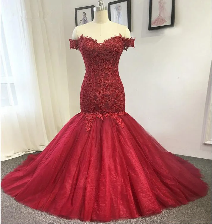 wool dresswool dressMermaid Off Shoulder Sleeves Burgundy Lace Wedding Dress