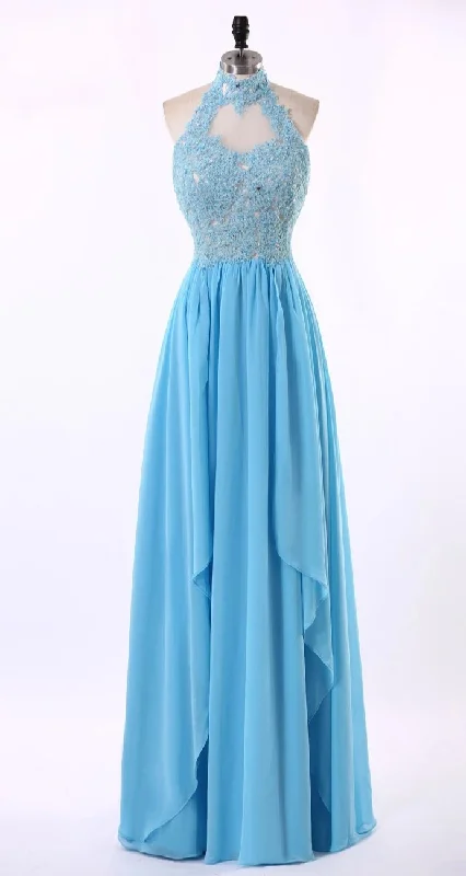 chic dresschic dressHalter Neckline Keyhole Back Blue Lace Prom Dress