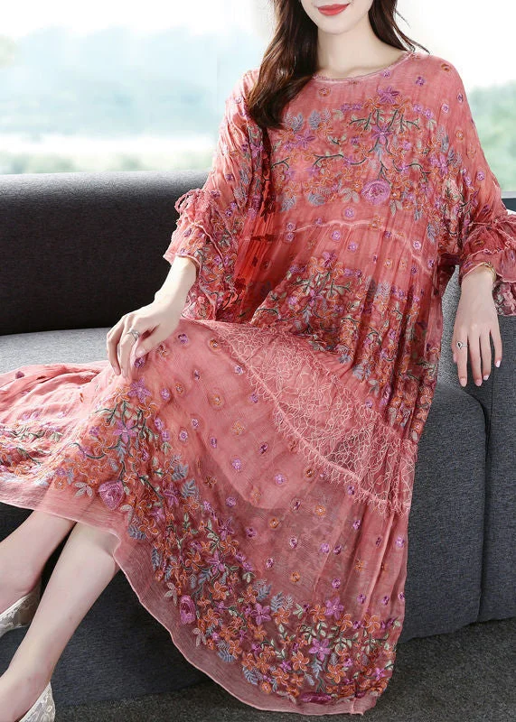 playful dressplayful dressHandmade Pink Embroideried Oversized Silk Vacation Dresses Flare Sleeve