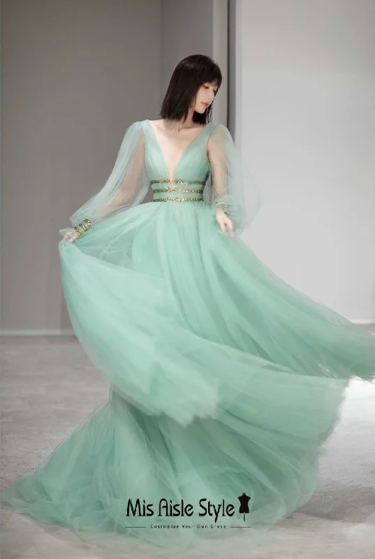 trendy mini dresstrendy mini dressSheer Long Sleeve Mint Green Tulle Party Dress