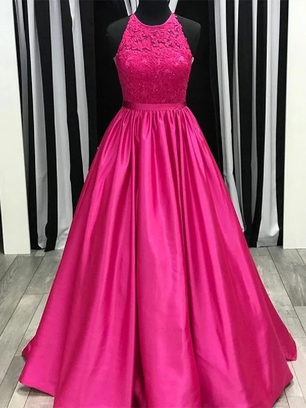 Today’s Deal Round Neck Fuscia Lace Long Prom Dresses, Fuscia Lace Formal Dresses, Fuscia Evening Dresses