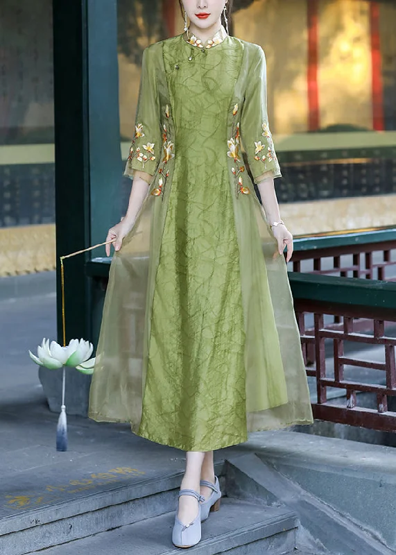 midi dressmidi dressElegant Green Stand Collar Embroideried Button Tulle Silk Dress Long Sleeve