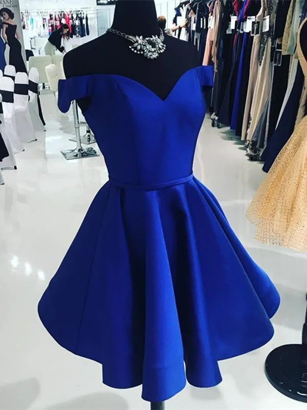 casual slip dresscasual slip dressOff Shoulder Blue Satin Short Prom Dresses, Short Blue Homecoming Dresses, Blue Formal Evening Dresses SP2412