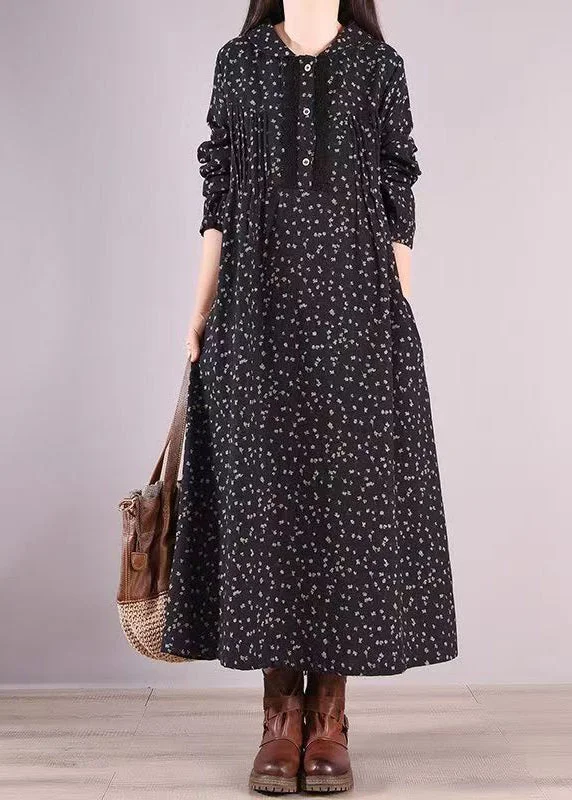 Savings Galore Women Black Print Pockets Wrinkled Patchwork Cotton Long Dresses Fall