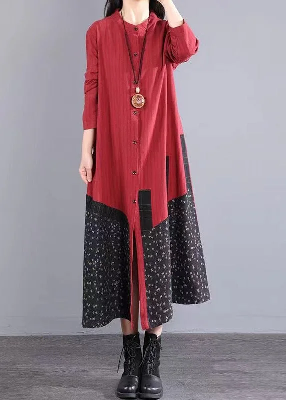 Deal Zone Boho Red Print Pockets Patchwork Cotton Long Dresses Fall