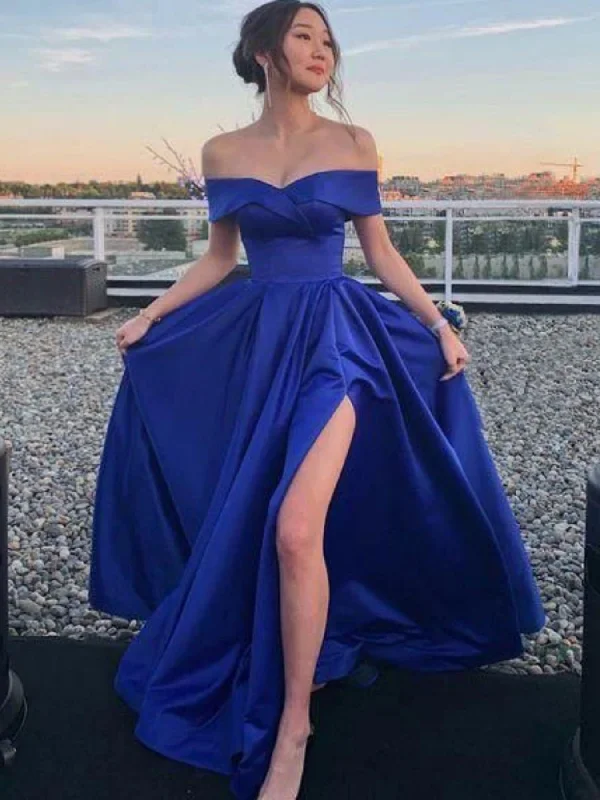 backless dressbackless dressOff the Shoulder Blue Satin Long Prom Dresses with High Slit, Off Shoulder Blue Formal Graduation Evening Dresses SP2662