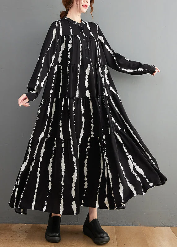 Seasonal Sale Plus Size Black Stand Collar Print Button Maxi Shirts Dresses Fall