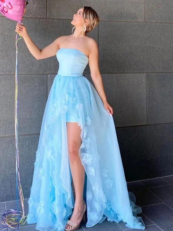 Crazy Savings High Low Strapless Light Blue Floral Long Prom Dresses with Slit, High Slit Light Blue Formal Evening Dresses Crazy Savings High Low Strapless Light Blue Floral Long Prom Dresses with Slit, High Slit Light Blue Formal Evening Dresses