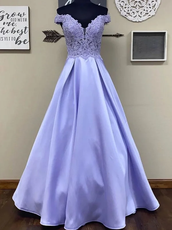 Online Only Off the Shoulder Lace Top Purple Long Prom Dresses, Off Shoulder Purple Formal Dresses, Purple Lace Evening Dresses