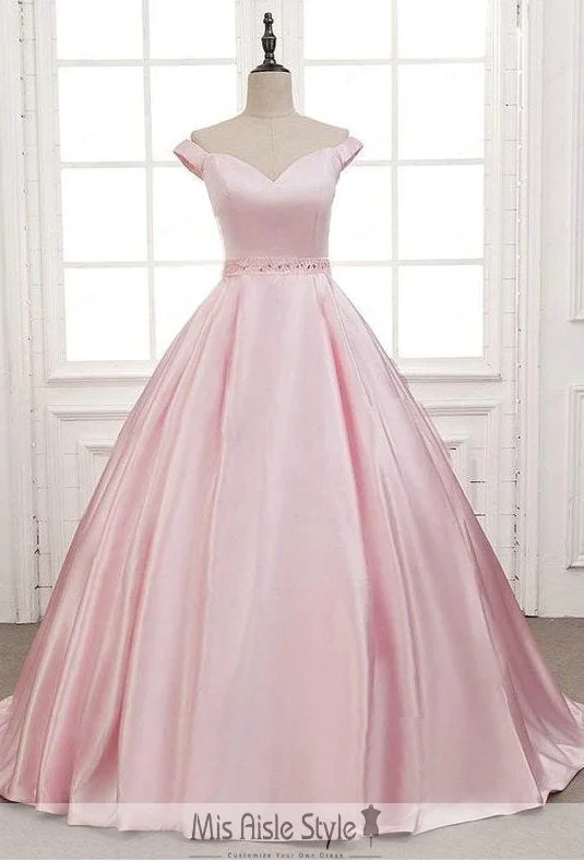 chic shift dresschic shift dressOff Shoulder Sleeve Pearl Pink Ball Gown Prom Dress