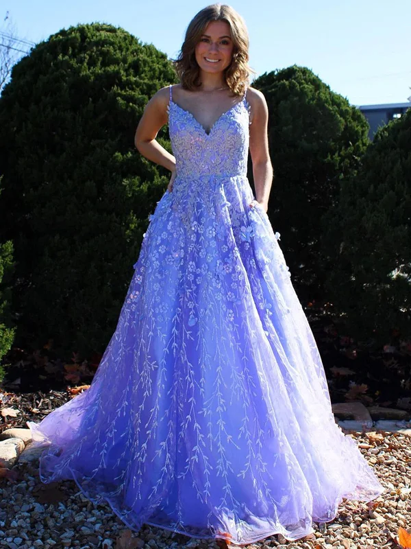 Clearance Event Gorgeous V Neck Open Back Purple Lace Floral Long Prom Dresses, Purple Lace Formal Graduation Evening Dresses with 3D Flowers SP2329