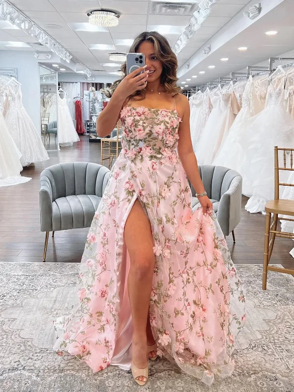 formal dressformal dressA Line Pink Floral Long Prom Dresses with High Slit, Long Pink Formal Graduation Evening Dresses with 3D Flowers SP2632