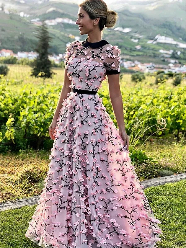 Steals and Deals A Line Round Neck Short Sleeves Prom Dresses with 3D Flowers, 3D Flowers Pink Formal Dresses, Graduation Dresses