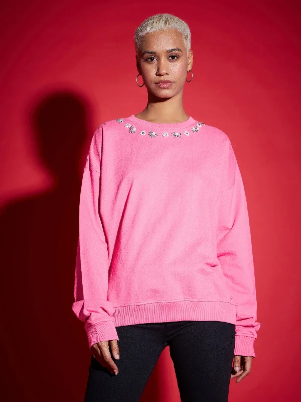 urban activewear hoodieWomen Pink Terry Stud Pearl Oversized Sweatshirt