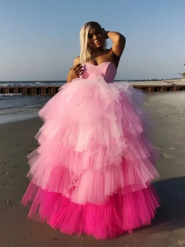 ashionable dressashionable dressStrapless Layered Pink Tulle Long Prom Dresses, Fluffy Pink Formal Evening Dresses, Pink Ball Gown SP2887