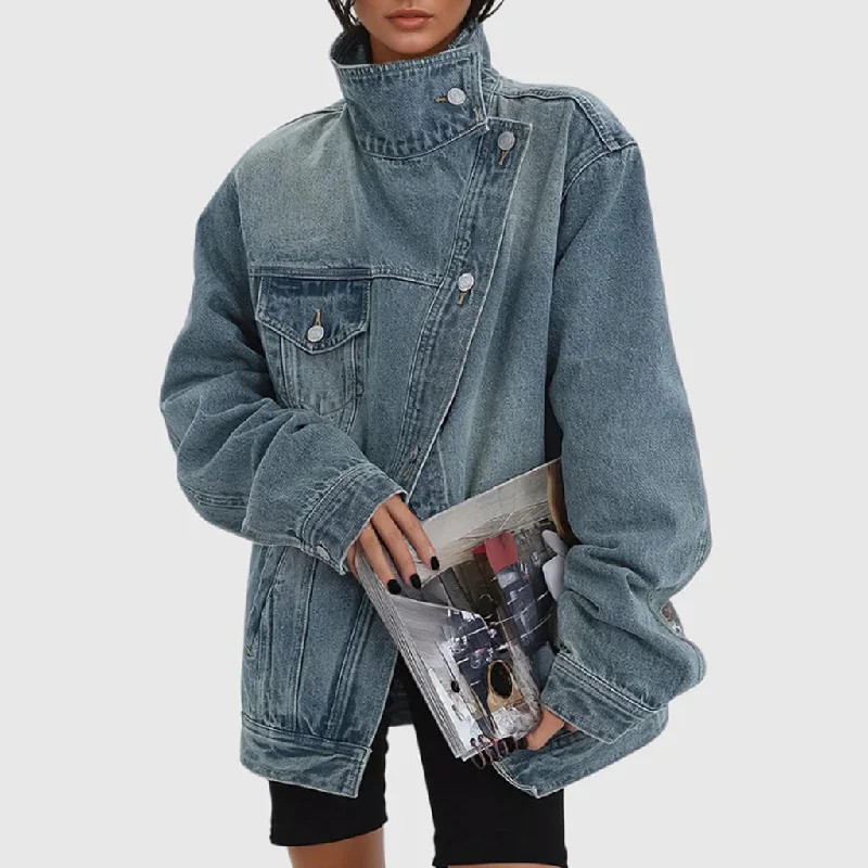 Exclusive Offers Asymmetrical High Collar Button Up Cutaway Washed Oversized Denim Jacket Exclusive Offers Asymmetrical High Collar Button Up Cutaway Washed Oversized Denim Jacket
