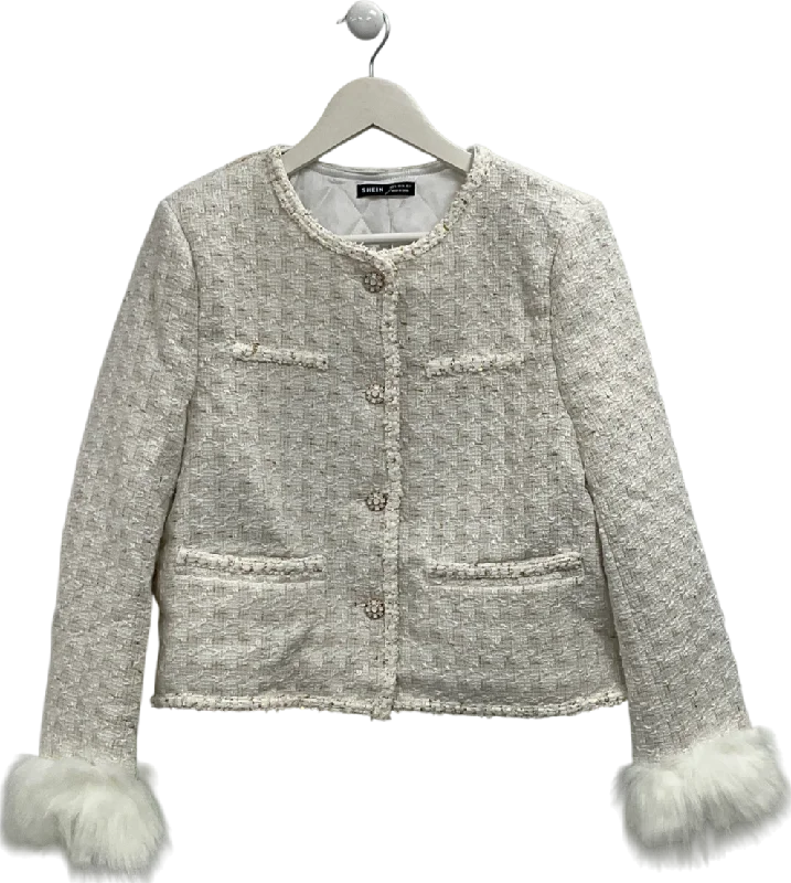 Savings Spectacular Shein Cream Tweed Jacket With Faux Fur Trimmed Sleeves UK S