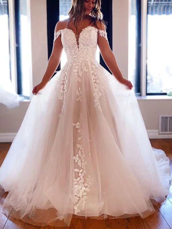 Early Access Off Shoulder White Lace Long Prom Dresses with Train, White Lace Wedding Dresses, White Tulle Formal Evening Dresses SP2273