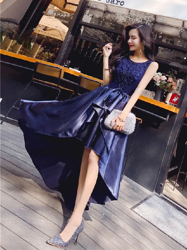 Midnight Sale Round Neck High Low Satin Lace Navy Blue Prom Dresses, Red High Low Formal Dresses