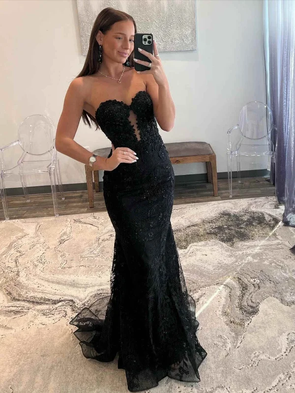 chic shift dresschic shift dressStrapless Mermaid Black Lace Long Prom Dresses, Mermaid Black Formal Dresses, Black Lace Evening Dresses SP2842